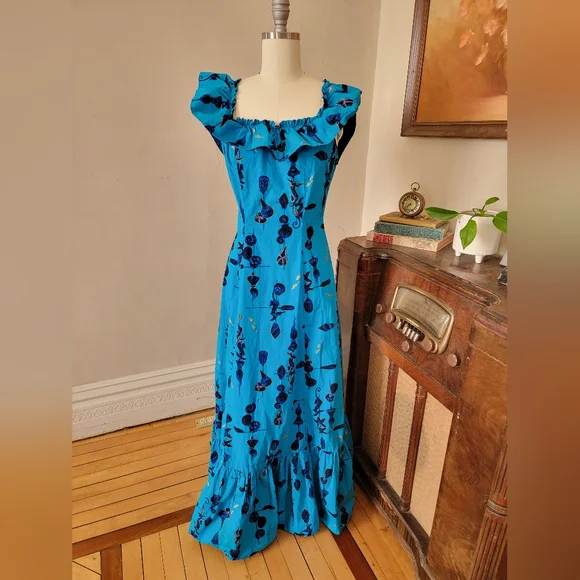 Vintage Blue Hawaiian Mid Century Seahorse Print Maxi Dress Ruffle Medium - Picture 2 of 11